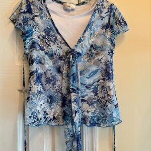 Byer California Blue and White Tie Front Cap Sleeve Blouse